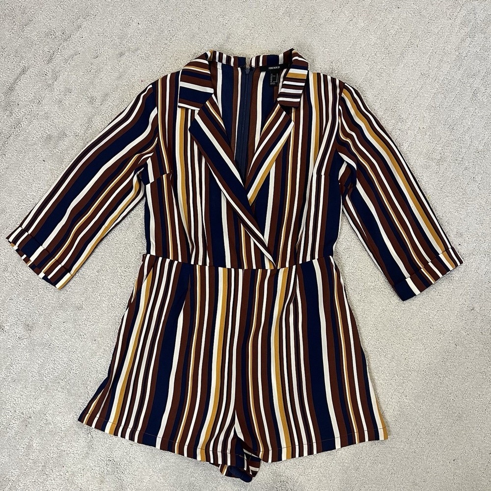 Forever 21 Women's Navy/Brown/Mustard Romper W/ Belt Loops Jumpsuit‎ Size M